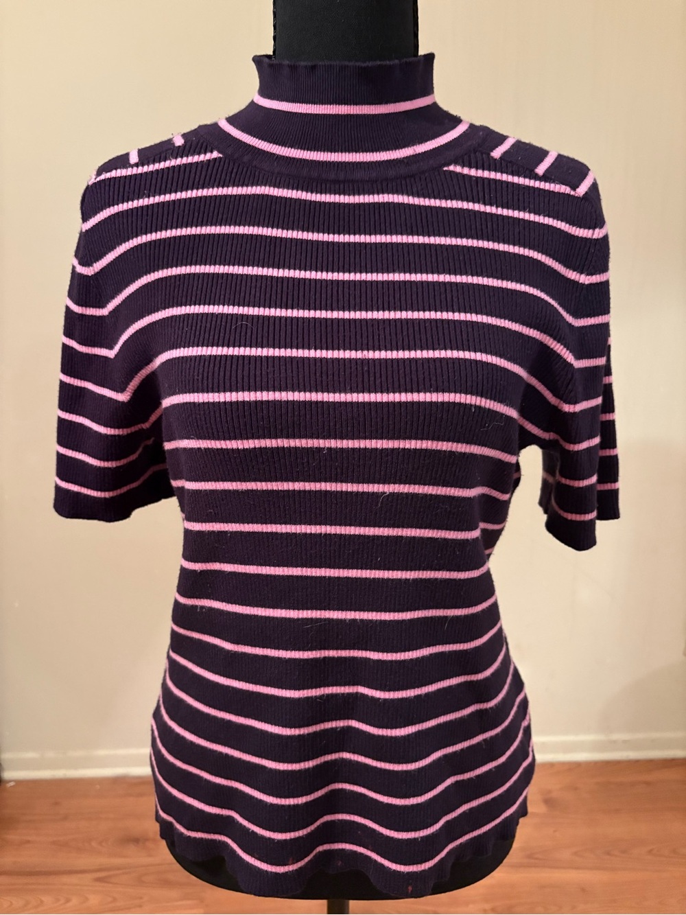 Short-Sleeve Mock Neck Stripe Top - Navy & Pink